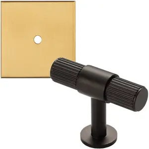 Cabinet Door Knob & Contrasting Backplate Set - Reeded T Bar Pull - Matt Black & Satin Brass