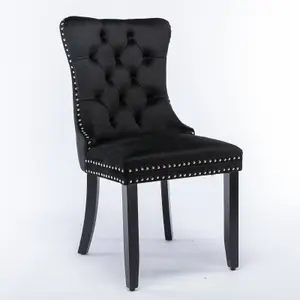 Pair of Lux Black Velvet Kitchen Dining Chairs with Pull Knocker Wing Back Bedroom Office Chairs