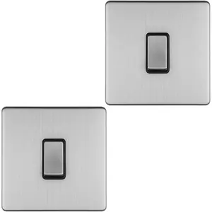 2 PACK 1 Gang Single Light Switch SCREWLESS SATIN STEEL 2 Way 10A Slim Rocker