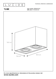 Lucide Tube Modern Rectangle Surface Mounted Ceiling Spotlight - 2xGU10 - White