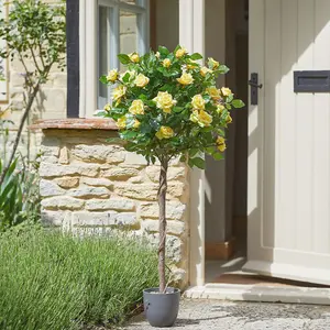 Artificial Regent's Rose Tree in Pot - Weather Resistant Home or Garden Faux Yellow Flower Potted Plant - H120 x 52cm Diameter