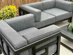 3 Seater Garden Sofa Black Wooden Garden Furniture Sofa with Comfy Grey Cushions - Cori