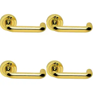 4 PACK - Premium Concealed Door Handle Set - Polished Brass Lever on Round Rose Curve Bar