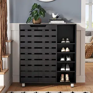 5 Tier Black Shoe Storage Cabinet Shoe Stand Organizer Rack Unit with Double Doors