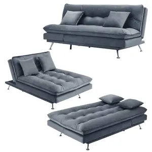 Grey 3 Seater Sofa Bed Fabric Tufted Couch Sofabed with 2 Pillow