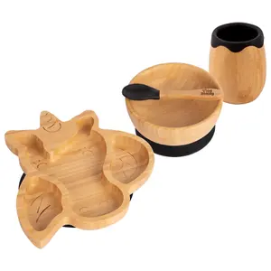 Tiny Dining - Unicorn Bamboo Suction Baby Feeding Set - Black - 4pc