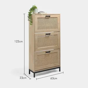 VonHaus Rattan Shoe Cabinet, Wicker Shoe Cupboard, 3 Pull Down Doors, Light Wood Effect Footwear Organiser Fits Shoes Up to Size 9