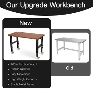 Costway 120cm Adjustable Workbench Heavy-duty Workstation W/ Bamboo Top & Lockable Casters