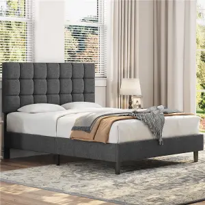 Yaheetech Dark Grey 5ft King Upholstered Bed Frame with Square Tufted Adjustable Headboard and Wooden Slats Support