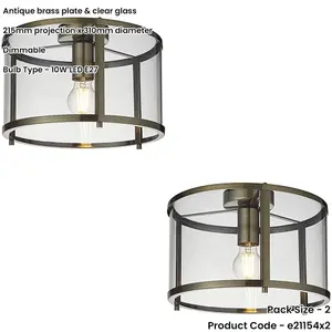 2 PACK Semi Flush Low Ceiling Light - Antique Brass & Clear Glass - 10W Max LED E27