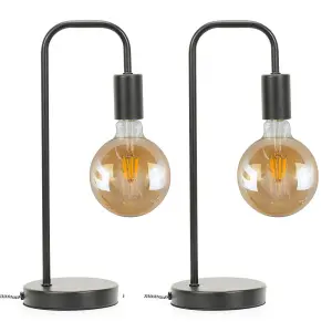 ValueLights Bronx Pair of Industrial Style Black Metal Curved Stem Bedside Table Lamps Living Room Bedroom Light - Bulbs Included