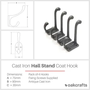 Oakcrafts - Antique Cast Iron Hall Stand Coat Hook  - Pack of 4 Hooks