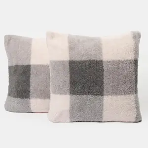 2 Pack Gingham Check Teddy Fleece Soft Cushion Covers, Grey - 45 x 45cm