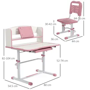 ZONEKIZ Height Adjustable Kids Desk and Chair Set, with Drawer, Bookshelf, Pink