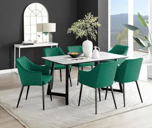 Furniturebox UK Carson White Marble Effect Dining Table & 6 Green Calla Black Leg Chairs