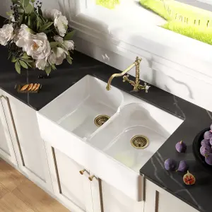 Fireclay Kitchen Bundle - Double Bowl Stepped Weir Butler Sink, Wastes & French Classic Tap, 795mm - Brushed Brass - Balterley