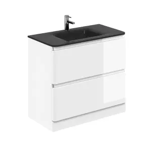 Marvel 900mm Floor Standing Bathroom Vanity Unit in Gloss White with Grey Glass Basin