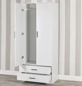 URBNLIVING 180cm Tall 2 Door Wardrobe With 2 Drawers White Carcass and White Drawers Bedroom Storage Hanging Bar Clothes