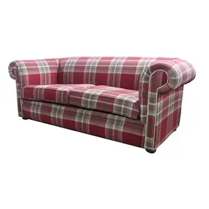 Chesterfield Tartan 1930's 3 Seater Sofa Balmoral Red Fabric In Classic Style