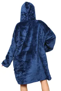 MS9 Women's Oversized Hoodie Wearable Blanket Hoodie Top With Sherpa Lining Navy Blue