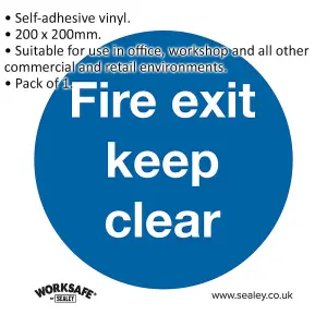 Self-Adhesive Fire Exit Keep Clear Safety Sign - 200mm x 200mm Vinyl Sticker