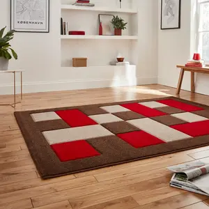 Brown Red Chequered Modern Geometric Bordered Rug for Living Room Bedroom and Dining Room-120cm X 170cm