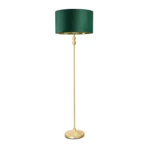 ValueLights Maggie Gold Candlestick Floor Lamp with Forest Green Velvet with Gold Inner Lamp Shade and LED Bulb