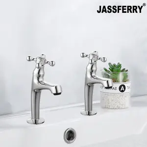 JASSFERRY Tall Pair of Basin Pillar Taps High Neck Victorian Crosshead Handle Chrome 1/2"