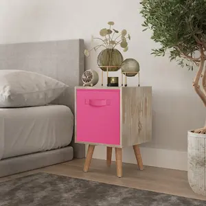 URBNLIVING 50cm Height Dark Pink 1-Drawer Cube Antique Oak Shelving Unit with Scandinavian Beech Legs