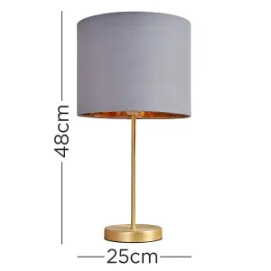 ValueLights Modern Standard Table Lamp In Gold Metal Finish With Grey/Gold Cylinder Shade