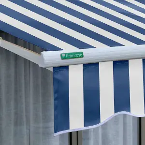 Primrose Awnings 3.0m x 2.5m Retractable Manual Half Cassette Blue & White Awning Outdoor Patio Canopy