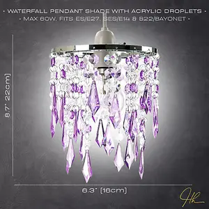 Modern Waterfall Design Pendant Shade with Clear/Purple Acrylic Drops and Beads