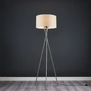 ValueLights Camden Modern Brushed Chrome Metal Tripod Floor Lamp with Beige Cylinder Shade - Includes 6w LED Bulb 3000K Warm White