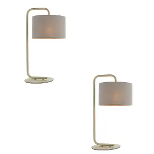 2 PACK Satin Champagne Table Lamp - 23cm Grey Fabric Cylinder Shade - Desk Light