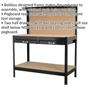 1.2m Workstation with Pegboard, Drawers, and Storage Shelf - Durable MDF Top