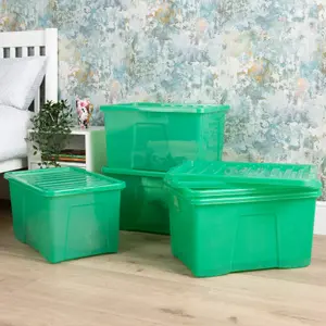 Wham Crystal 5x 60L Plastic Storage Boxes with Lids. Large Size, Strong . Made in the UK Tint Leprechaun Green