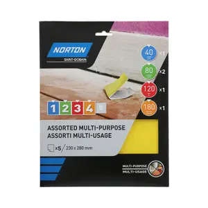 Norton Aluminium oxide Assorted Hand sanding sheets for wood, paint, plaster & varnish, Pack of 5