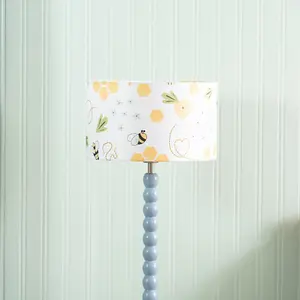 Powder Blue Bobbin Stem Table Lamp with Bumble Bee Drum Shade for Living Room Bedroom - LED Bulb Included