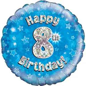 Oaktree 18 Inch Happy 8th Birthday Blue Holographic Balloon Blue/Silver (One Size)