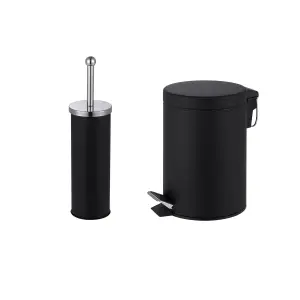 Innoteck Essentials Pedal Dustbin and Toilet Brush with Holder Set - Black.