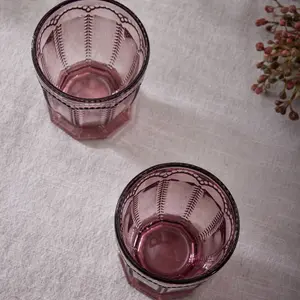 Set of 2 Vintage Luxury Purple Embossed Short Drinking Glass Whiskey Glass Tumblers 290ml