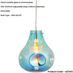 Hanging Ceiling Pendant Light - Large Petrol Blue Metallic Glass & Chrome Plate - 10W LED E27