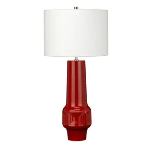 Table Lamp-Red Geometric Shape-White Faux Linen Cylinder Shade-LED E27 60W