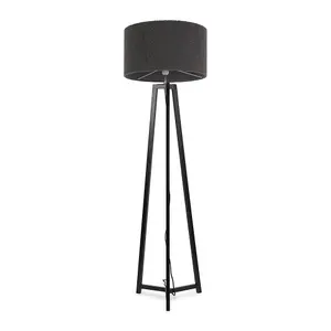 ValueLights Lottie Black Wood Tripod Floor Lamp with Charcoal Grey Boucle Drum Shade - LED Bulb Included