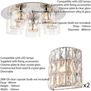 5 Bulb Ceiling Lamp & 2x Matching Flush Wall Light Round Chrome & Crystal Glass