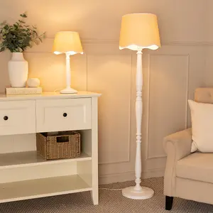 ValueLights Victoria White Wood Floor Lamp with Linen Scallop White Trim Tapered Shade & Bulb