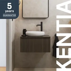 GoodHome Kentia Ribbed effect Walnut Veneer Wall-mounted Bathroom Cabinet (H) 300mm (W) 600mm