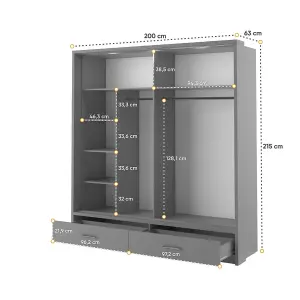 LUX XXIV-  Mirrored Sliding Door Wardrobe (H2150mm W2000mm D630mm) with Drawers and LED Lighting - Grey