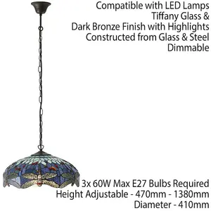 Tiffany Glass Hanging Ceiling Pendant Light Blue Dragonfly 3 Lamp Shade i00109