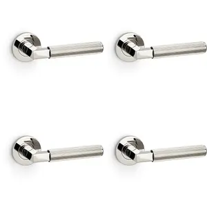 4 PACK - SOLID BRASS Reeded Door Handle Set - Polished Nickel Angled Lever on Round Rose